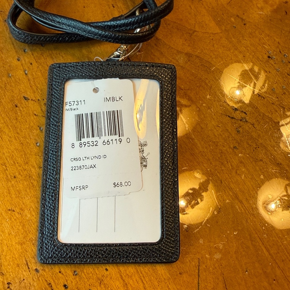 COACH Black Leather Lanyard Card Holder with Gold Logo - Picture 2 of 3